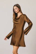 Satin Draped Boatneck Mini Dress