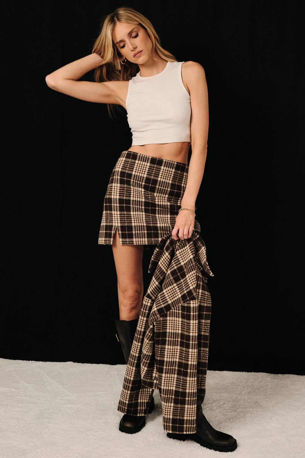 Plaid Side Slit Mini Skirt