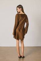 Satin Draped Boatneck Mini Dress