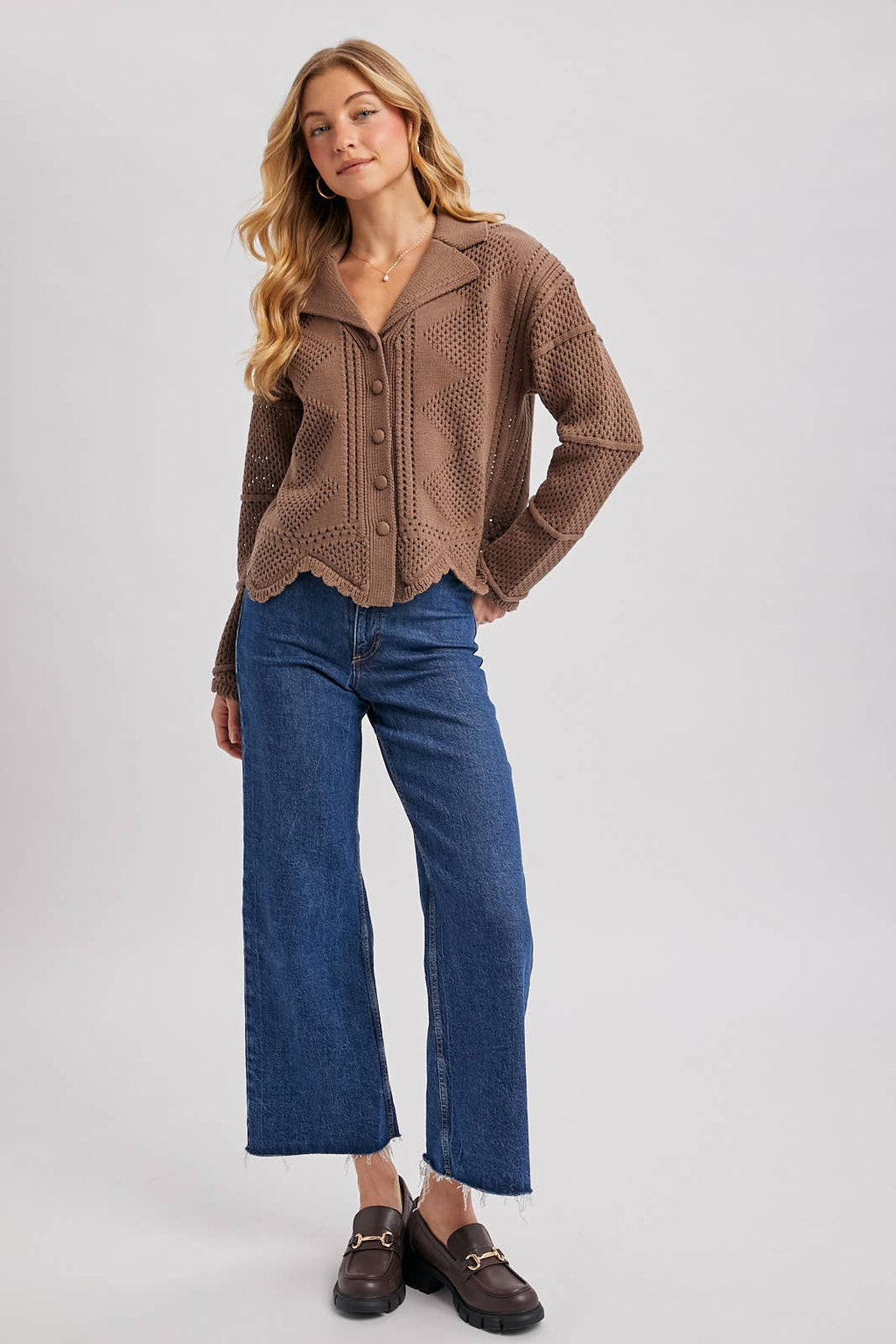 Scalloped Hem Crochet Knit Cardigan